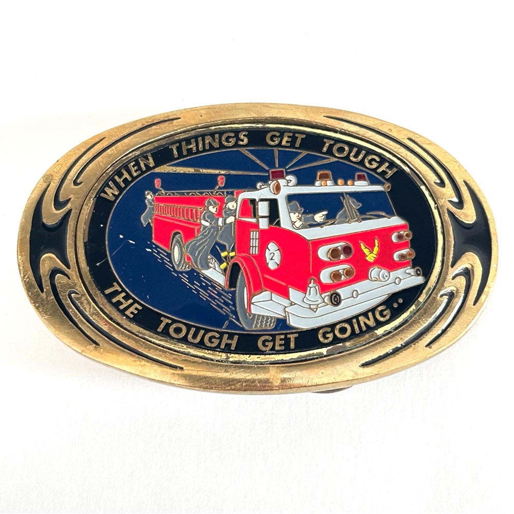Vintage Fire Truck Belt Buckle Brass